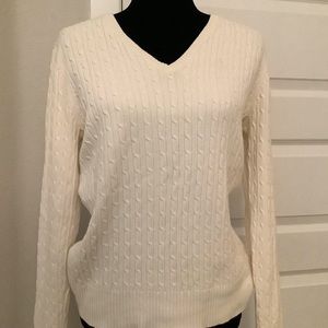 white v neck cable knit sweater